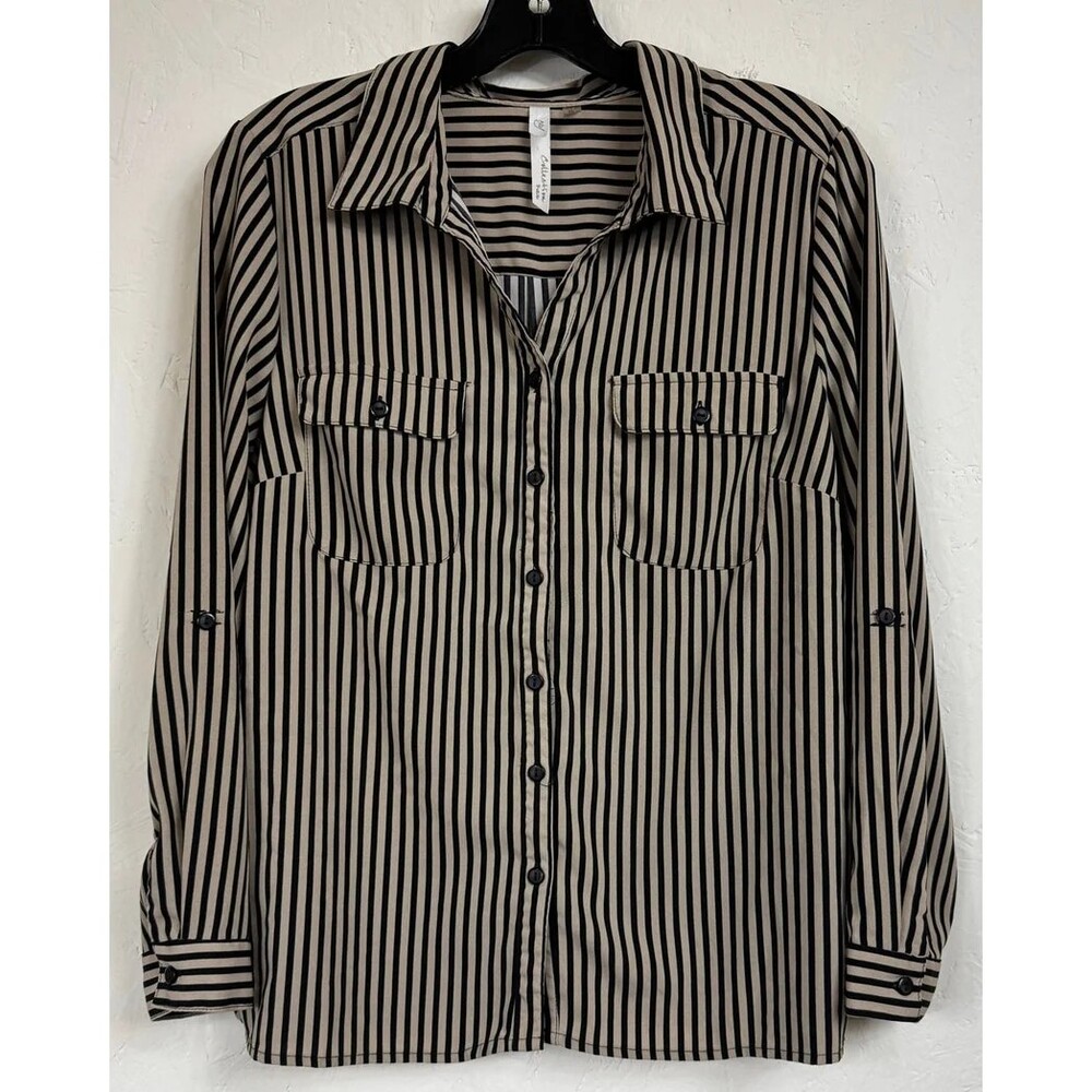 Ny Collection Beige & Black Button Up Long Sleeve Blouse Women's Large Petite